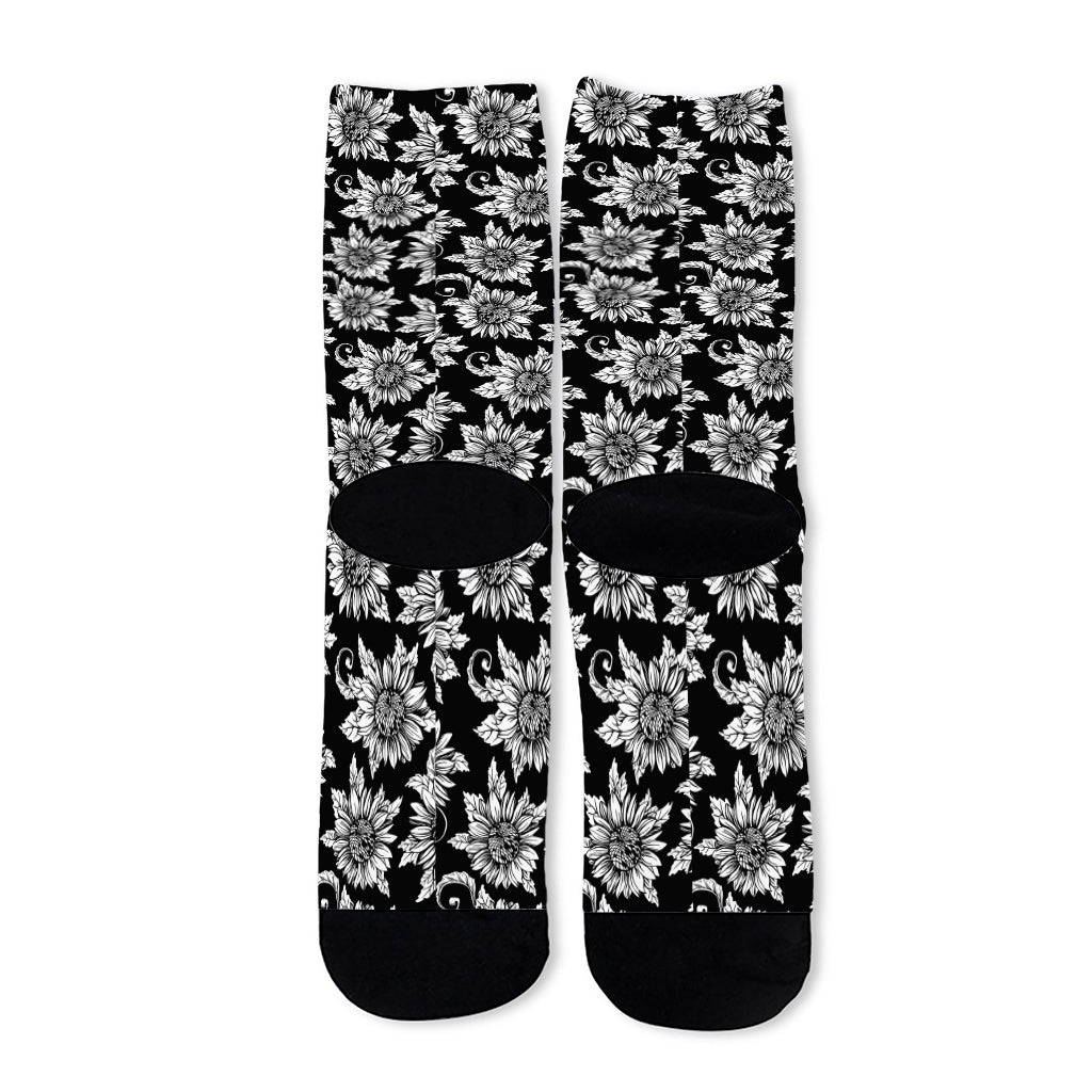 Black And White Vintage Sunflower Print Long Socks