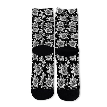 Black And White Vintage Sunflower Print Long Socks