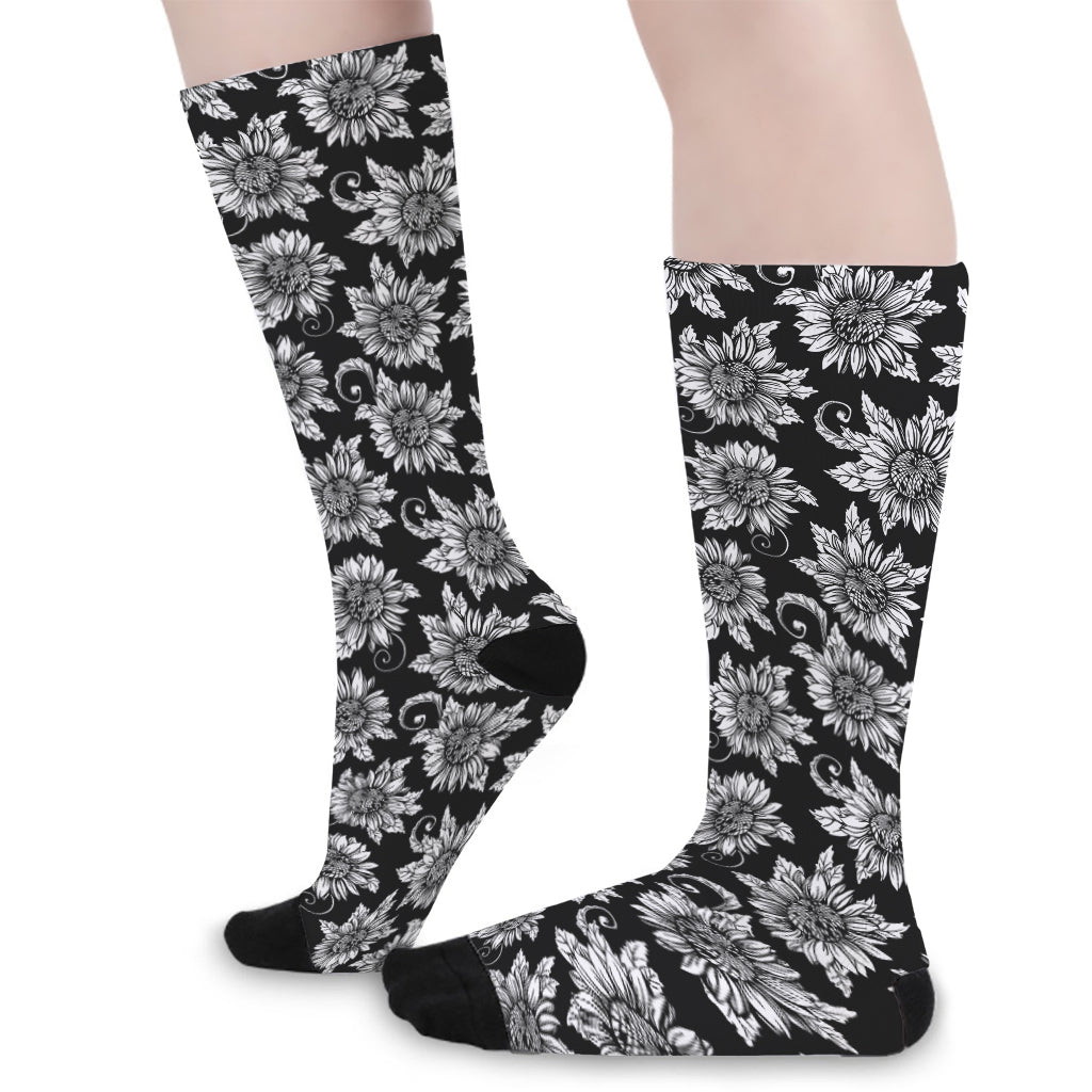 Black And White Vintage Sunflower Print Long Socks