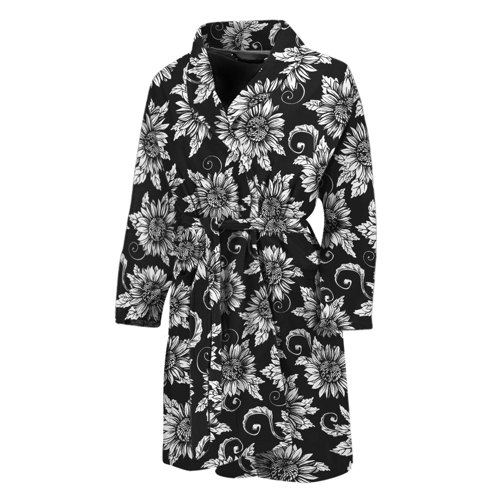 Black And White Vintage Sunflower Print Men's Bathrobe