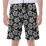 Black And White Vintage Sunflower Print Men's Beach Shorts