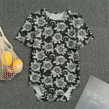 Black And White Vintage Sunflower Print Men's Bodysuit