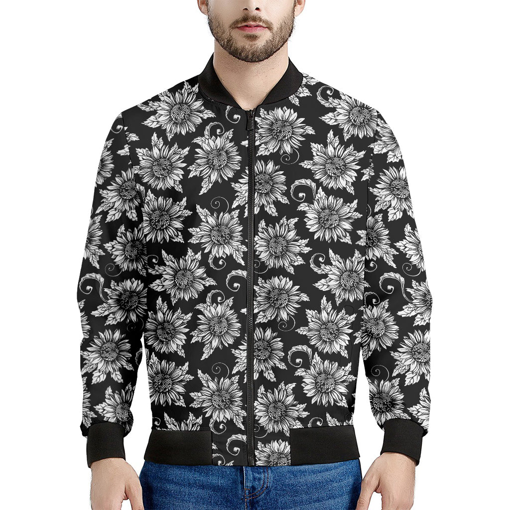Black And White Vintage Sunflower Print Men's Bomber Jacket