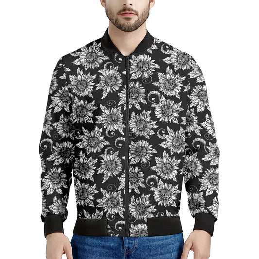 Black And White Vintage Sunflower Print Men's Bomber Jacket