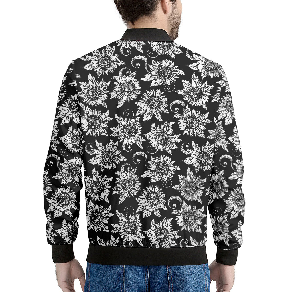 Black And White Vintage Sunflower Print Men's Bomber Jacket