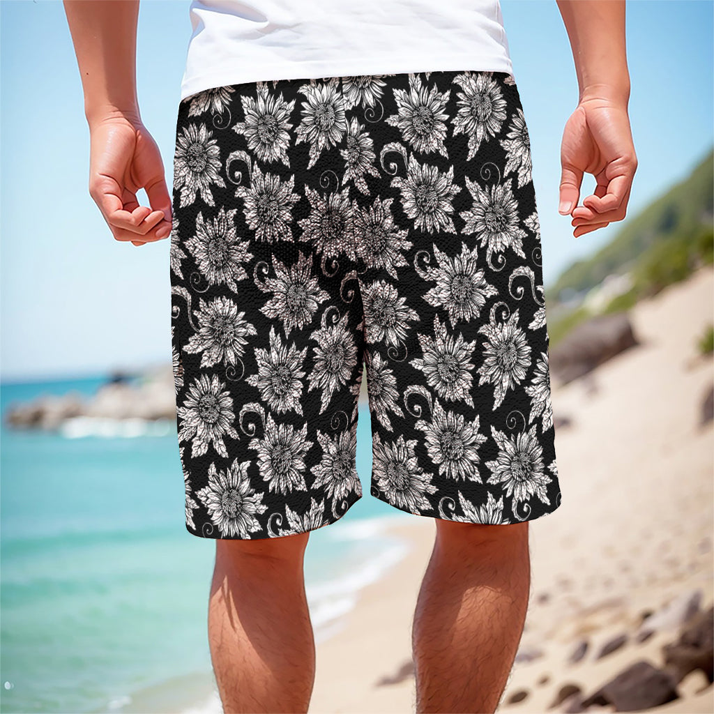 Black And White Vintage Sunflower Print Men's Cargo Shorts