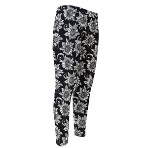 Black And White Vintage Sunflower Print Men's Compression Pants