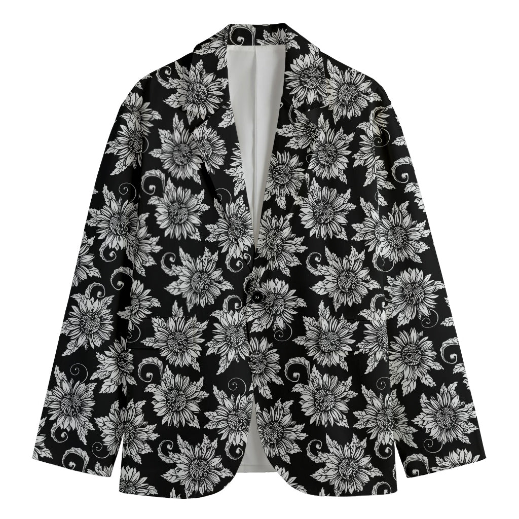 Black And White Vintage Sunflower Print Men's Cotton Blazer