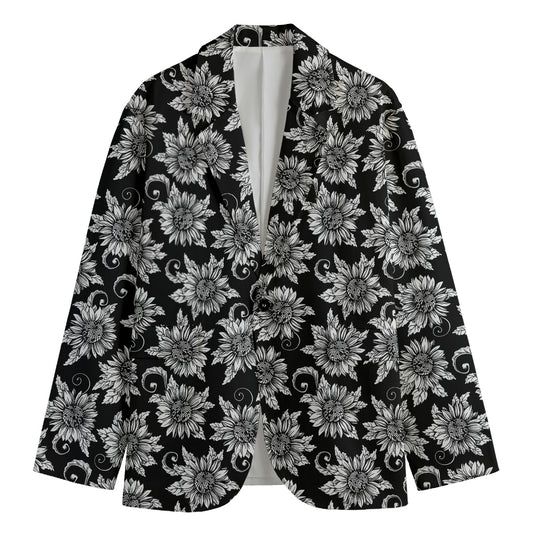 Black And White Vintage Sunflower Print Men's Cotton Blazer