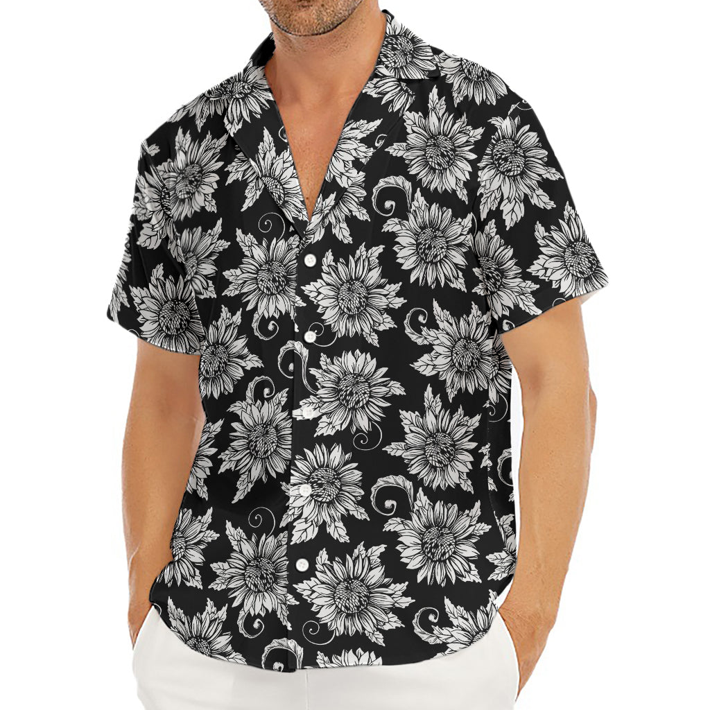 Black And White Vintage Sunflower Print Men's Deep V-Neck Shirt