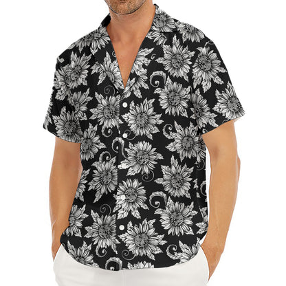 Black And White Vintage Sunflower Print Men's Deep V-Neck Shirt