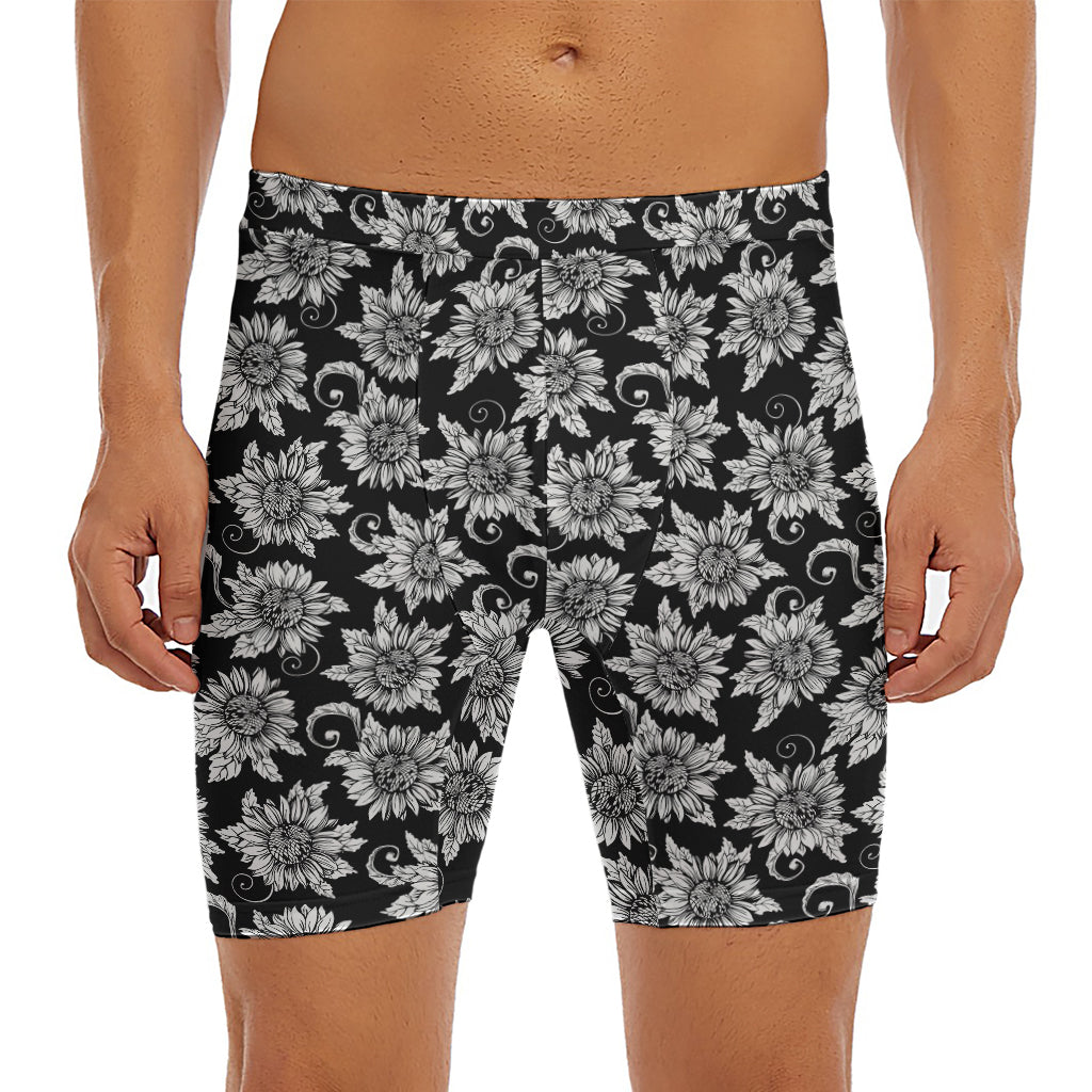 Black And White Vintage Sunflower Print Men's Long Boxer Briefs