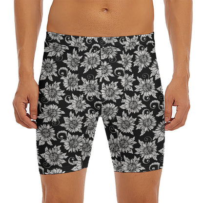 Black And White Vintage Sunflower Print Men's Long Boxer Briefs