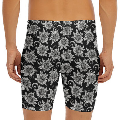 Black And White Vintage Sunflower Print Men's Long Boxer Briefs