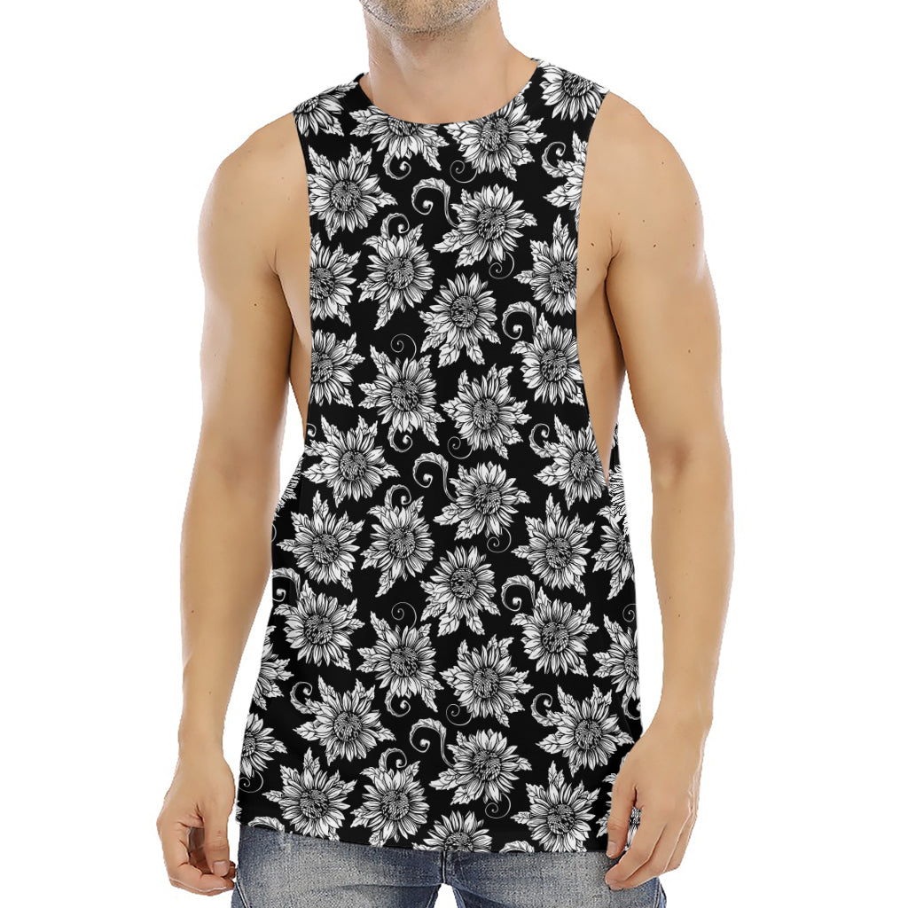 Black And White Vintage Sunflower Print Men's Muscle Tank Top