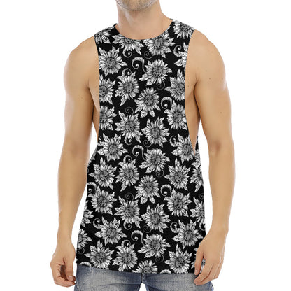 Black And White Vintage Sunflower Print Men's Muscle Tank Top