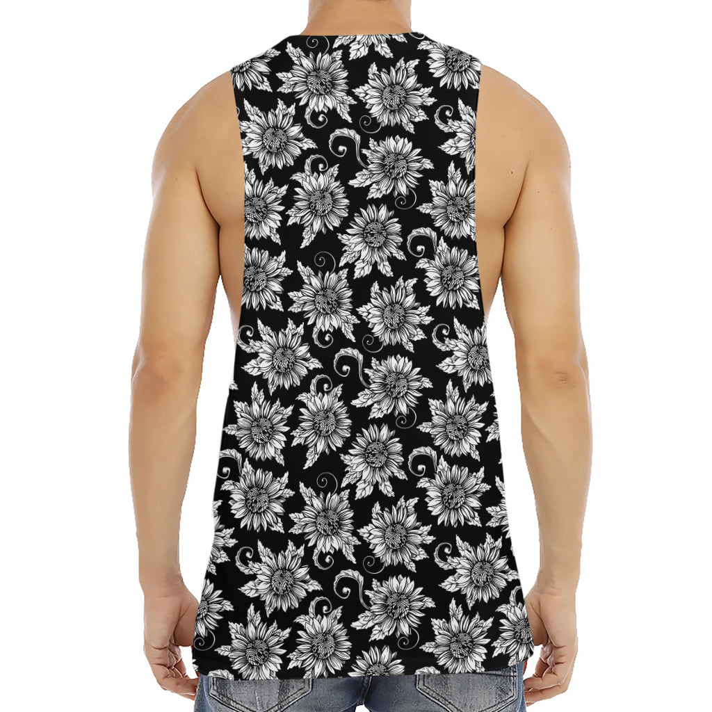 Black And White Vintage Sunflower Print Men's Muscle Tank Top