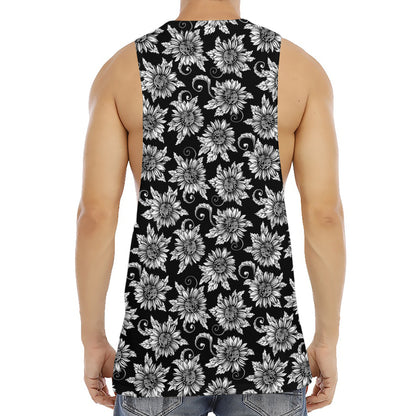Black And White Vintage Sunflower Print Men's Muscle Tank Top