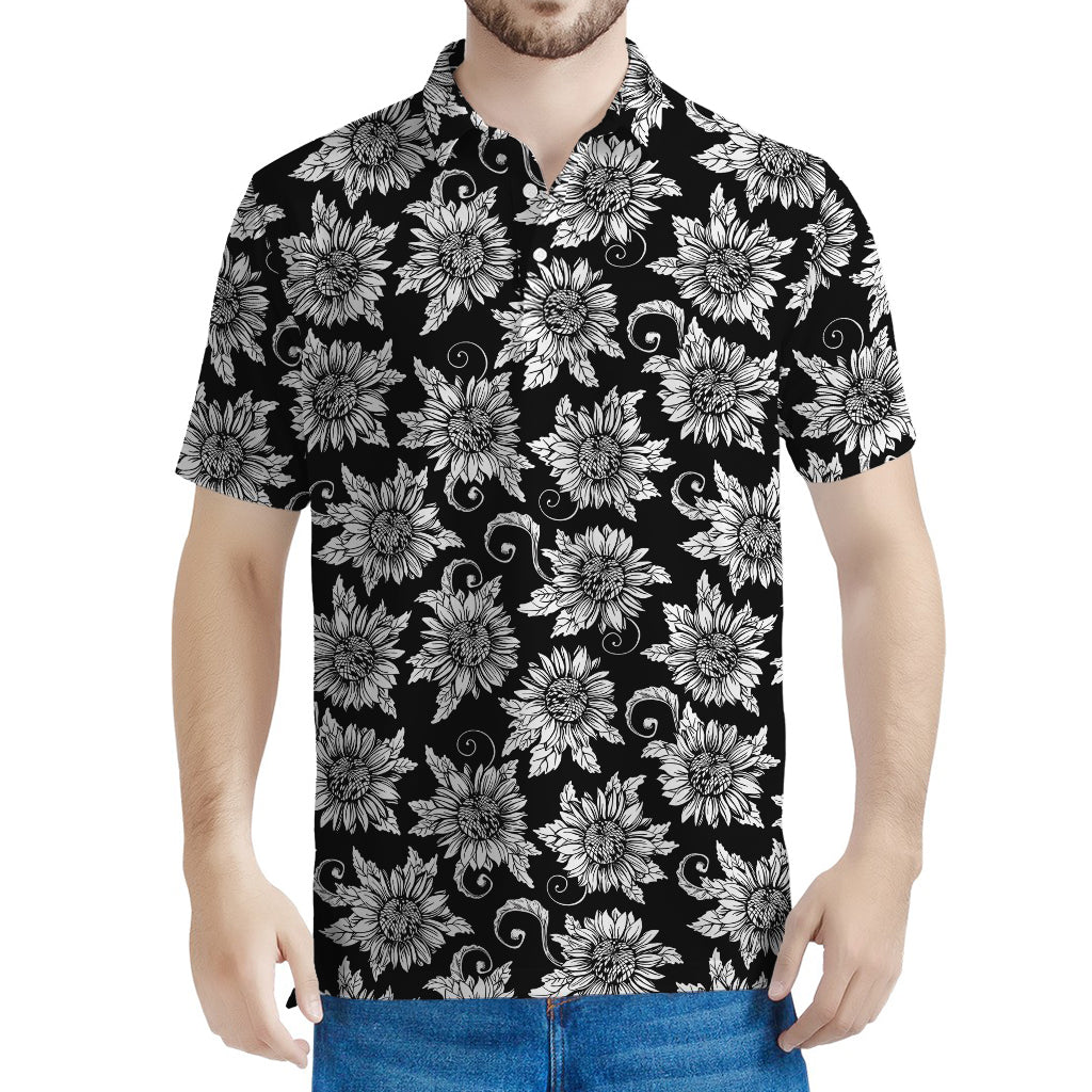 Black And White Vintage Sunflower Print Men's Polo Shirt