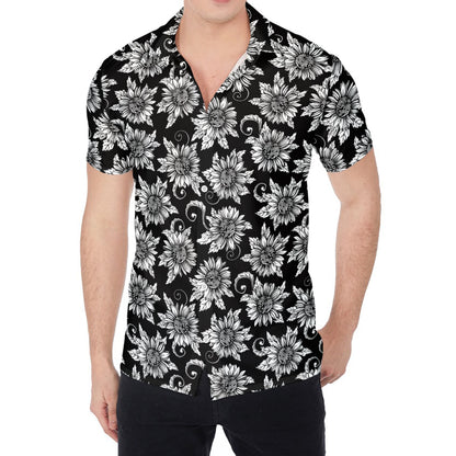 Black And White Vintage Sunflower Print Men's Shirt