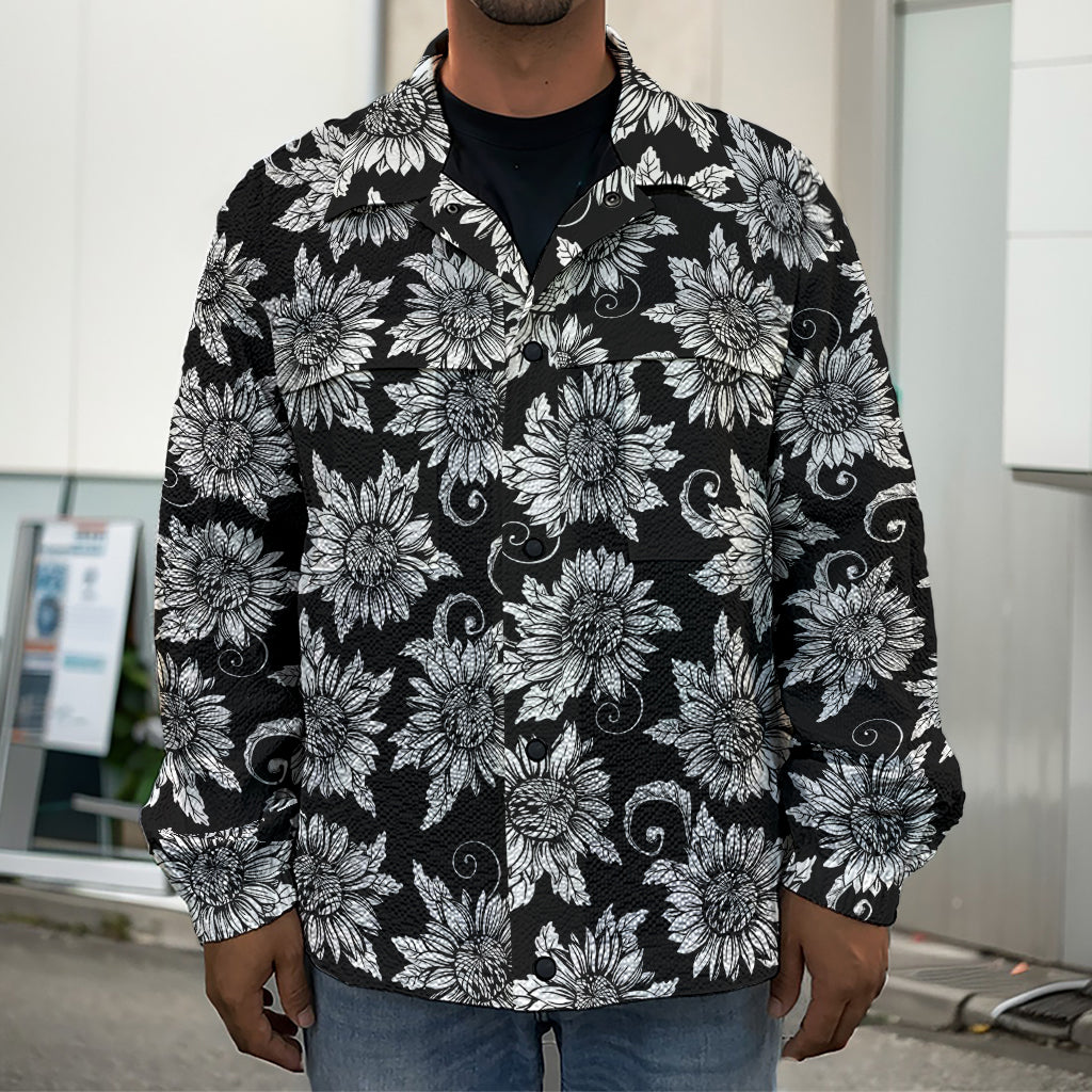 Black And White Vintage Sunflower Print Men's Shirt Jacket