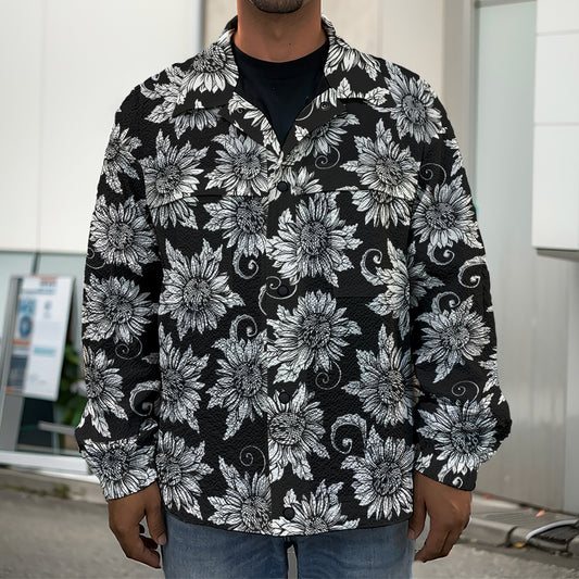 Black And White Vintage Sunflower Print Men's Shirt Jacket