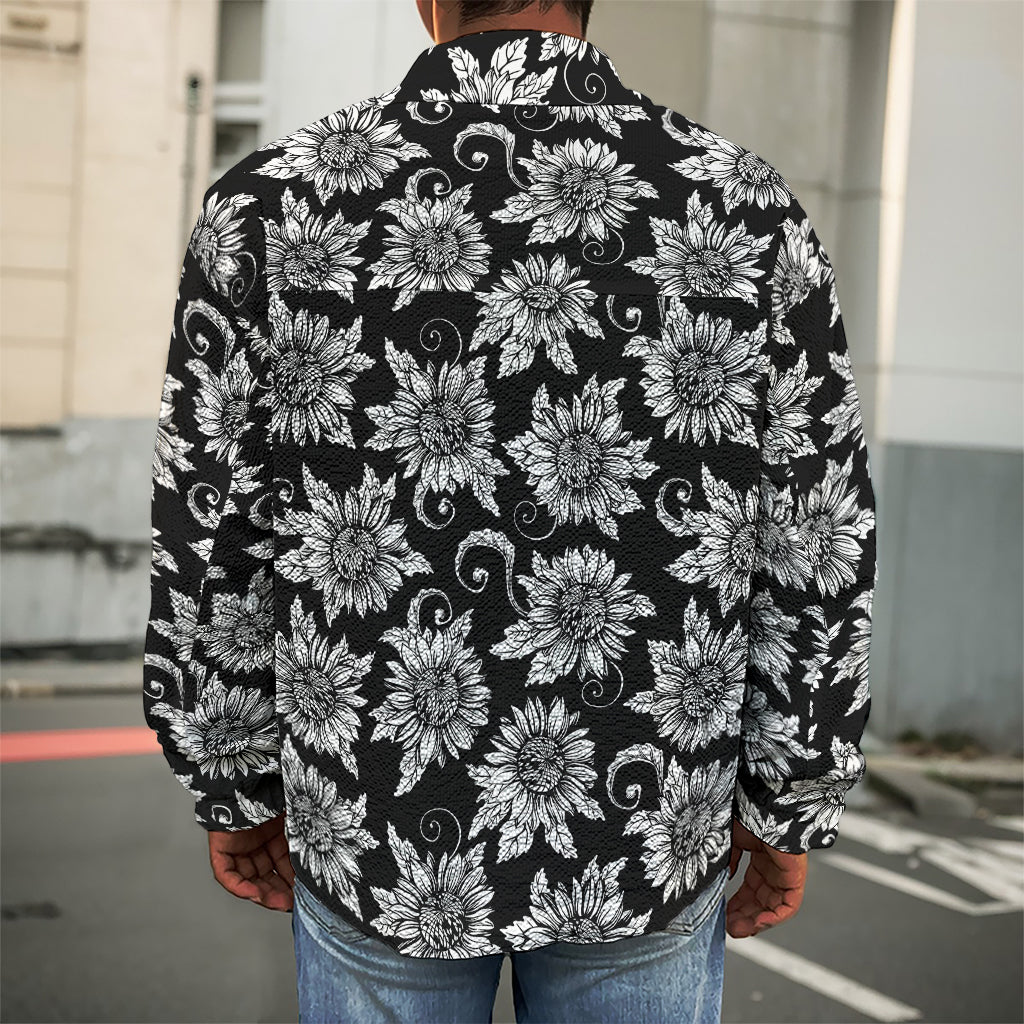 Black And White Vintage Sunflower Print Men's Shirt Jacket