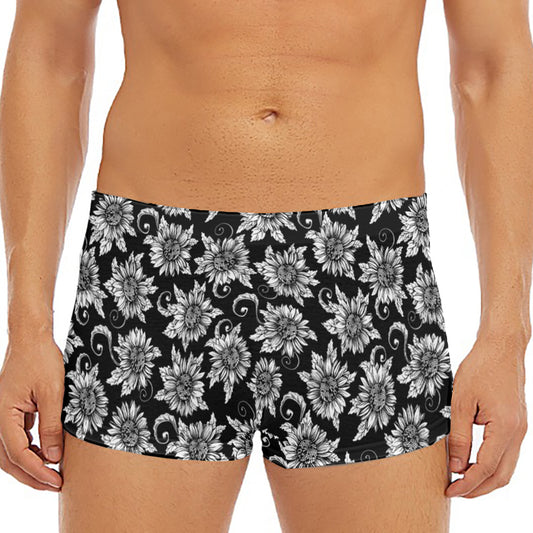 Black And White Vintage Sunflower Print Men's Short Boxer Briefs