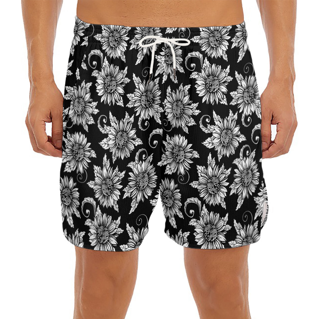 Black And White Vintage Sunflower Print Men's Split Running Shorts