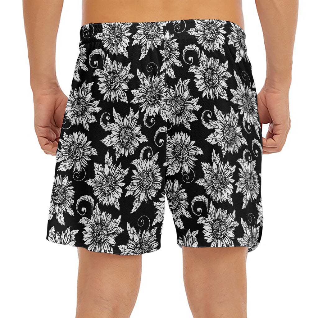 Black And White Vintage Sunflower Print Men's Split Running Shorts