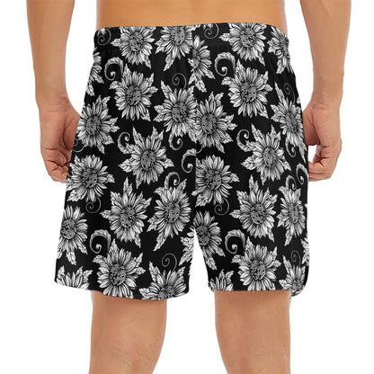 Black And White Vintage Sunflower Print Men's Split Running Shorts