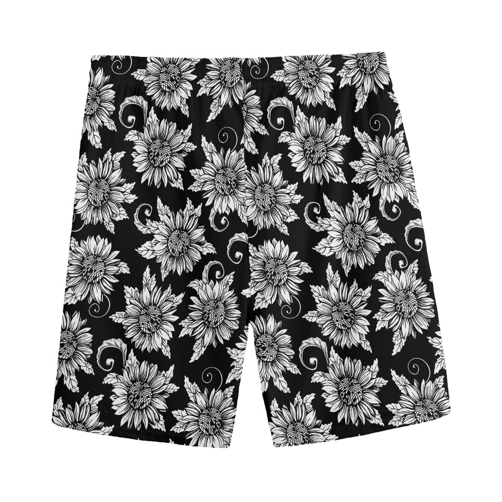 Black And White Vintage Sunflower Print Men's Sports Shorts