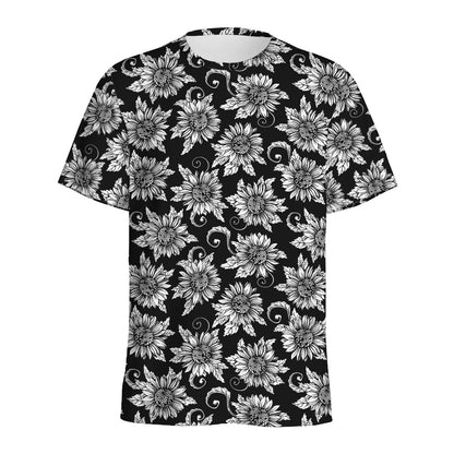 Black And White Vintage Sunflower Print Men's Sports T-Shirt