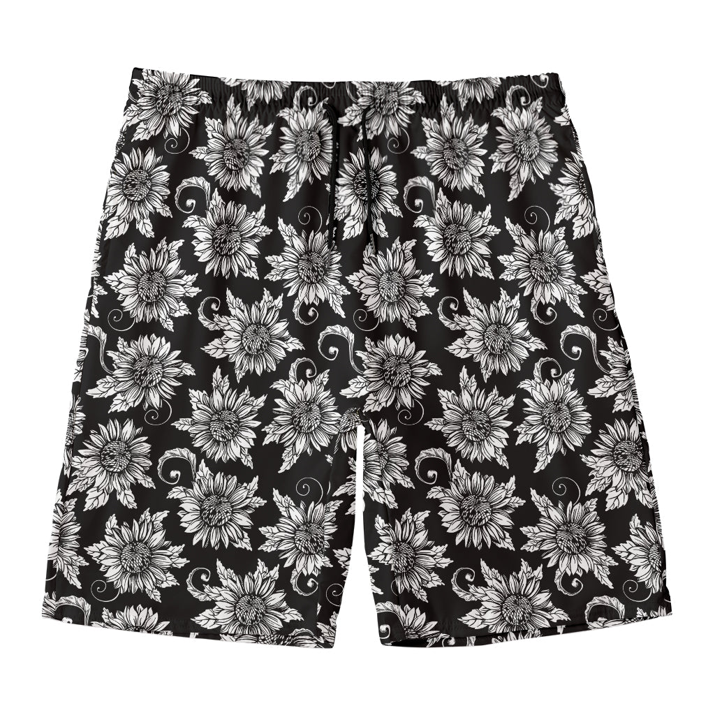Black And White Vintage Sunflower Print Men's Swim Trunks