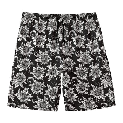 Black And White Vintage Sunflower Print Men's Swim Trunks