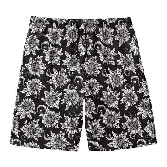 Black And White Vintage Sunflower Print Men's Swim Trunks