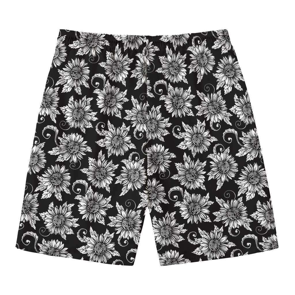 Black And White Vintage Sunflower Print Men's Swim Trunks