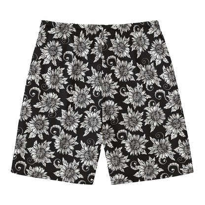 Black And White Vintage Sunflower Print Men's Swim Trunks