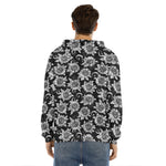 Black And White Vintage Sunflower Print Men's Velvet Pullover Hoodie
