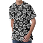 Black And White Vintage Sunflower Print Men's Velvet T-Shirt