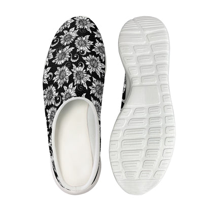 Black And White Vintage Sunflower Print Mesh Casual Shoes