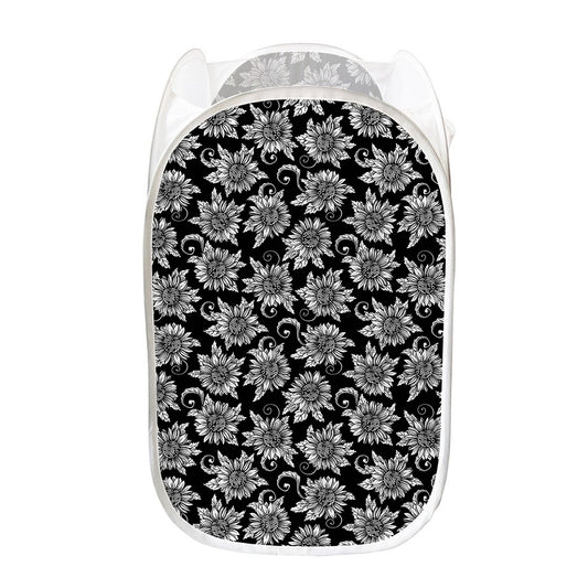 Black And White Vintage Sunflower Print Mesh Laundry Hamper
