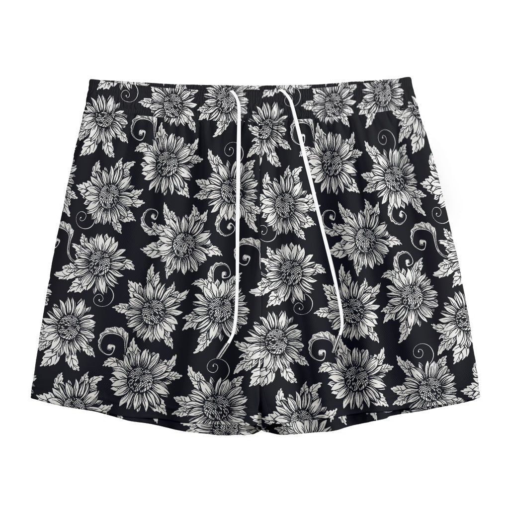Black And White Vintage Sunflower Print Mesh Shorts