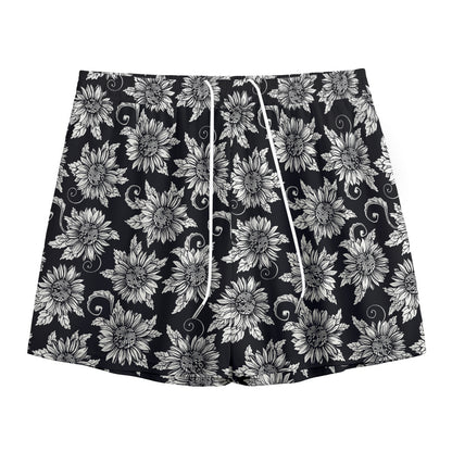 Black And White Vintage Sunflower Print Mesh Shorts