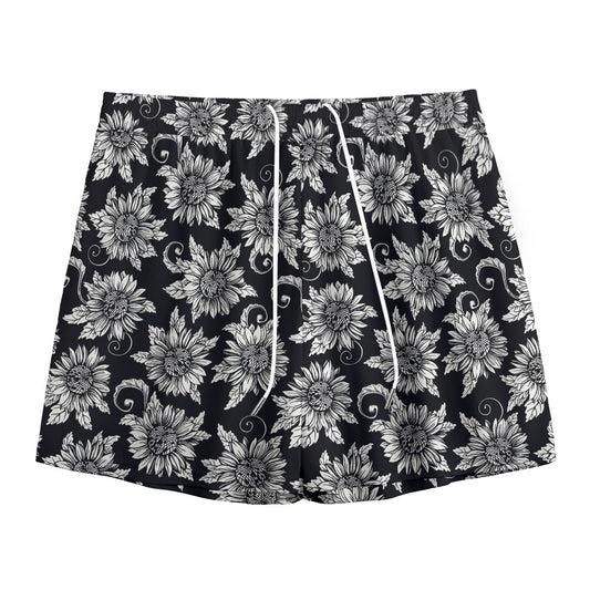 Black And White Vintage Sunflower Print Mesh Shorts