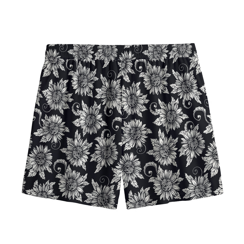 Black And White Vintage Sunflower Print Mesh Shorts
