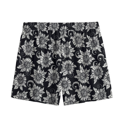 Black And White Vintage Sunflower Print Mesh Shorts