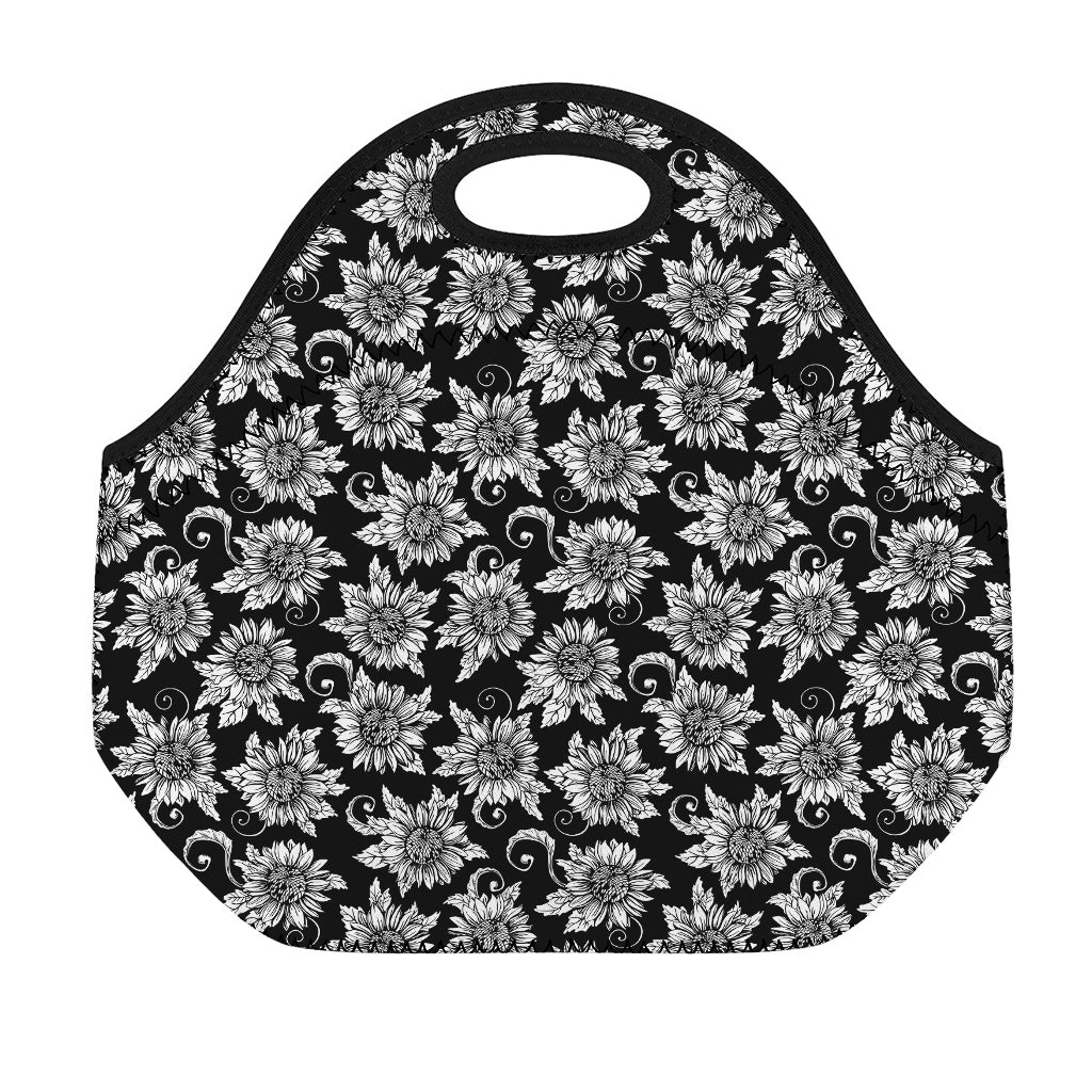 Black And White Vintage Sunflower Print Neoprene Lunch Bag