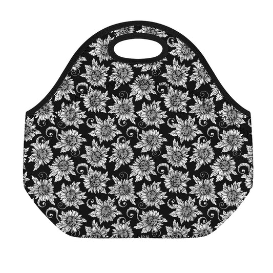 Black And White Vintage Sunflower Print Neoprene Lunch Bag