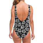 Black And White Vintage Sunflower Print One Piece Swimsuit